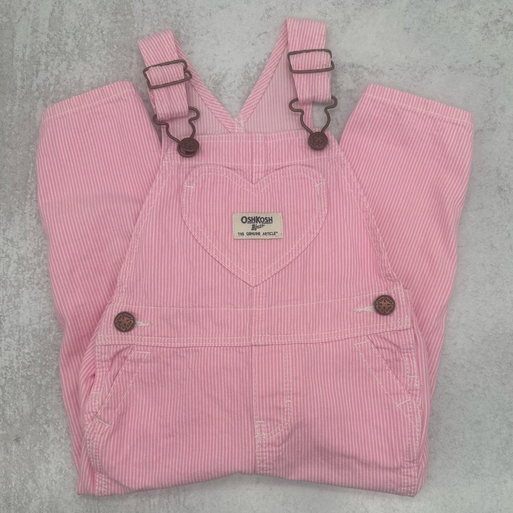 EUC OshKosh B'gosh Overalls Girls 18M Pink Striped Heart Pocket Valentines